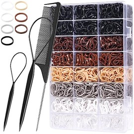 TsMADDTs Pequeñas Gomas Elásticas para El Cabello, 2000 Unidades de Gomas para El Cabello con Caja Organizadora, Gomas Elásticas para El Cabello Transparentes, Negras Y Marrones con Herramientas Para
