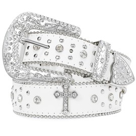 JASGOOD Rhinestone Studded Belt for Men Women, Western Leather Belt for Cowgirl Cowboy Vintage Bling Belt for Pants Dress