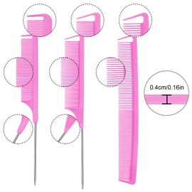 Patelai 12 Pieces Parting Comb for Braids Rat Tail Steel Pintail Fine Teeth Heat Resistant Teasing Combs with Stainless Steel Pintail(Pink)