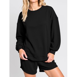 Tankaneo Womens Oversized 2 Piece Outfits Sweatsuit Casual Long Sleeve Crewneck Sweatshirts Sweat Shorts Fall Lounge Sets Black