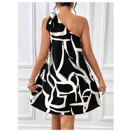 Floerns Women's Allover Print Knot One Shoulder Sleeveless Casual Tunic Dress Black and White Medium