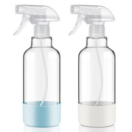 Hethyo Glass Spray Bottles with Silicone Sleeve 16.9oz 2 Pack Empty Spray Bottle for Hair Mist/Stream Spraying for Cleaning Solutions, Plants, Essential Oils (clear-qblue&white)