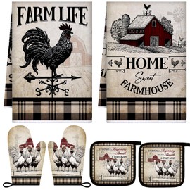 Leinuosen 6 Farmhouse Rooster Chicken Oven Mitts and Pot Holders Sets Farmhouse Kitchen Towels Absorbent Dish Towels for Cooking Baking Grilling(Retro Gray,Barn Farm)