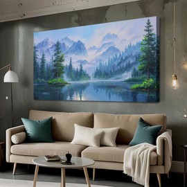 Ardemy Landscape Wall Art Mountain Lake Nature Canvas Painting Textured Misty Forest River Scenery Picture Tranquil Green Blue Framed Large Artwork for Living Room Bedroom Home Office Decor, 40"x20"
