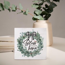 Bless Our Home Sign Wood Box Desk Decor,Spring Botanical Eucalyptus