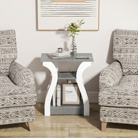 FROMJBEST End Tables Living Room, Grey End Table with Charging Station, Grey Side Table, Nightstand for Bedroom, 3 Tier End Table with Storage Shelf for Living Room