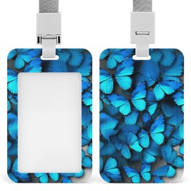 Push Pull Badge Holder with Removable Lanyard, Funny ID Holder Keychain Vertical ID Protector Clip, Stylish NameMany Blue Butterfly Tag Holder with Heavy Duty Badge Reel