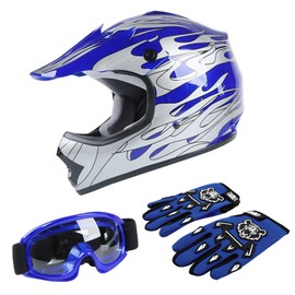 TCT-MOTORPARTS DOT Youth Kids Dirt Bike Full Face Helmets Motocross ATV Offroad Four Wheeler Helmet Blue Flame Medium Size