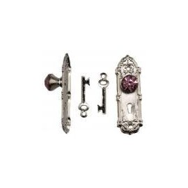 Melody Jane Dollhouse Satin Nickel Door Handle with Purple Crystal Knob & Keys