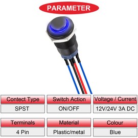 MKBKLLJY 3Pcs 12mm Latching Blue LED Push Button Switch Black Metal Shell IP65 Waterproof 12V 24V 3A DC SPST 2Position Self-locking ON OFF Switch with Pre-wired Wires and Wiring Cap for Car Boat