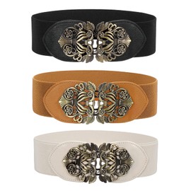 WERFORU 3 Pieces Wide Elastic Waist Belt for Women, Women's Vintage Stretchy Waist Belt Wide Retro Fashion Cinch, Black, brown, beige