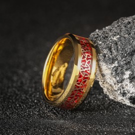 King Will Tungsten Wedding Bands 8mm Men Wedding Ring Inlay Gold Red Celtic Knot Daily Wear Beveled Polished Edge Comfort Fit Size 9.5