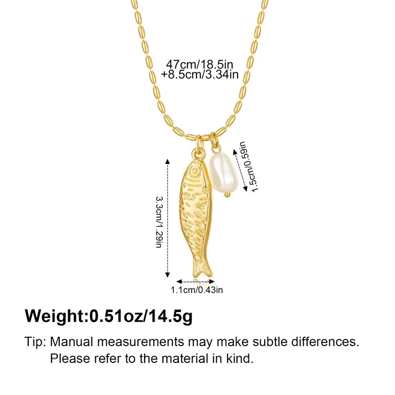 Gold Fish & Pearl Pendant Necklace Dainty Ocean Charm Chain