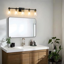 Anicompa Bathroom Vanity Light 5 Light, Black and Gold Bathroom Lights Over Mirror, Black Gold Vanity Lights Fxitures with Clear Glass Shade, E26