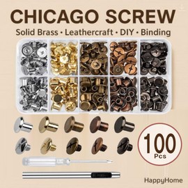 HappyHome Chicago Screws, 0.2 inch (6 mm), 4 Colors, 100 Pairs Set, Screw Type, Drilling Punch with Mini Screwdriver, Leather Craft DIY Parts