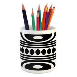 Ambesonne Tribal Pencil Pen Holder, Prehistoric Inspired Minimalist Contemporary Abstract Ovals Stripes Boho, Ceramic Pencil Holder for Desk Office Accessory, 3.6" X 3.2", Charcoal Grey and White