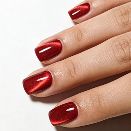 Red Cat Eye Press on Nails - Short Square Glossy Fake Nails, Shiny Full Cover Manicure Kit for Women, 24PCS