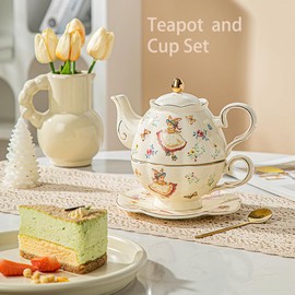 Teapot cup combo,Teapot and Teacup for One,Porcelain Tea for One Set,Teapot with Cup,Tea Cup and Saucer Set-Tea Pot Set Gift for Women(Strawberry)