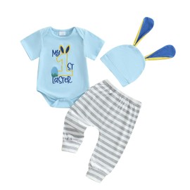 Loalirando My First Easter Baby Boy Outfit Egg Number Embroidery Short Sleeve Round Neck Romper with Stripe Pants and Bunny Ears Hat Newborn Summer Clothes (Blue, 3-6 Months)