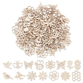 GOMAKERER 150 Pcs 15 Styles Unfinished Wood Cutouts, Bird Flower Butterfly Bee Wood Slices Mixed Shapes DIY Hollow Wood Pieces Crafts Ornaments for DIY Painting Craft Wall Decoration