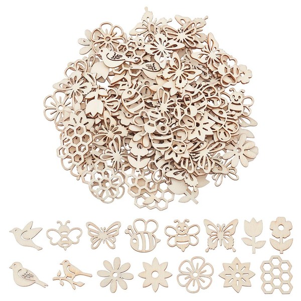 GOMAKERER 150 Pcs 15 Styles Unfinished Wood Cutouts, Bird Flower