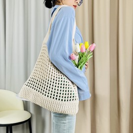 Youneeque Crochet Tote Beach Bag for Women, Woven Cute imple Shoulder Bag Summer Seaside (Off white)