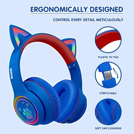 MIDOLA Kids Headphones Cat Ear Wireless Bluetooth 5.3 60H Over Ear, 8H with Led Light Foldable Headset with Aux 3.5mm Mic for Travel Pad Tablet Blue