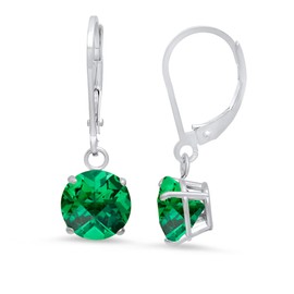 MAX + STONE 925 Sterling Silver 8mm Round May Birthstone Created Emerald Dangle Earrings for Women with Leverbacks