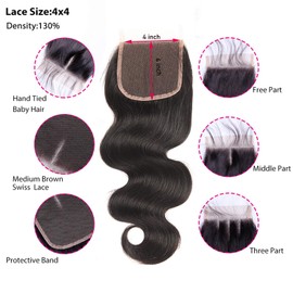 Closure Human Hair 4x4 Lace Closure Real Hair Lace Closure Natural Black Lisse Femme Swiss Lace Free Part With Natural Hairline Baby Hair 130% Density 20 Inches