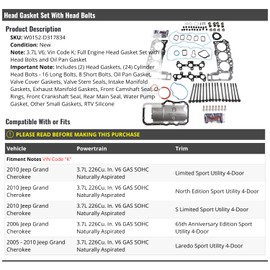 Head Gasket Set with Head Bolts - Compatible with 2005-2010 Jeep Grand Cherokee 3.7L V6 Vin Code K