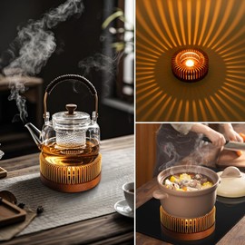 Teapot Warmer, Aluminum Tea Warmer with Wooden Base, Candle Heater for Heating Tea, Coffee, Milk, Food,Camping and Traveling, Universal Teapot Heater (Large-with Wooden Base)