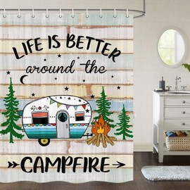 JAWO RV Happy Camper Shower Curtain for Travel Trailer, Farmhouse Style - 60" W x 70" H, Multi - Hooks Included