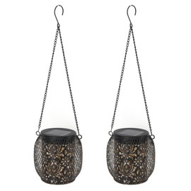 2pcs Outdoor Hanging Solar Lanterns IP65 Waterproof Solar Wrought Iron Lamp Decorative Garden Hanging Lights for Patio Courtyard Lawn
