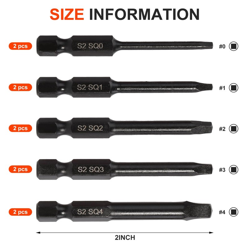 COMOWARE 10pcs Square Bit Set (SQ0-SQ4), S2 Steel 1/4" Hex