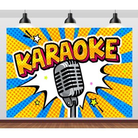 Loccor 9x6ft Fabric Karaoke Party Backdrop for Photography Vintage Microphone Karaoke Letters Pop Art Background for Music Disco Bday Theme Party Banner Photo Studio Props
