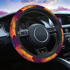Swono Chaotic Waves Steering Wheel Cushion Case Rainbow Purple Fuchsia Pink Red Orange Gold Blue Neoprene Car Steering Wheel Covers 15 Inch Anti Slip Compatible Auto Car Wrap Cover for Men Women