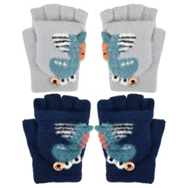 Shengxi 2 Pairs Children's Winter Gloves, Convertible Mittens Gloves Toddler Cartoon Gloves Winter Warm Gloves Mittens with Button Flap for Boy Girl 3-10 Years (Gray, Navy)