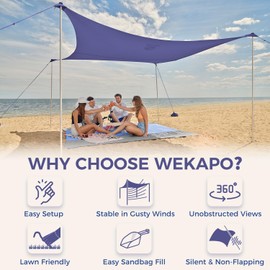 WEKAPO Beach Tent Sun Shelter - Easy Setup Beach Canopy with 4 Sturdy Poles, Extra Large Sandbags and Shovel, 7'8'' Tall, Windproof Sun Shade for Backyard and Camping, UPF 50+ Protection