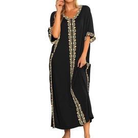 Bloggerlove Cotton House Dress for Women Short Sleeve Summer Nightgowns Long Caftan Loungewear Plus Size Floral Robe Black XL