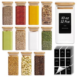 ComSaf 12Pcs Spice Jars with Labels, Glass Jar with Bamboo Lid, 10oz Airtight Square Containers with Black Lables, Empty Seasoning Jars for Spice, Salt, Pepper, Sugar