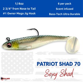 USA Bass Tackle Patriot Shad - Scent Infused Paddle Tail Swimbaits Pre Rigged Fishing Lures Premium Bait with Strong Owner Hook, Fishing Gear for Freshwater Bass Crappie Trout - HD Sexy Shad
