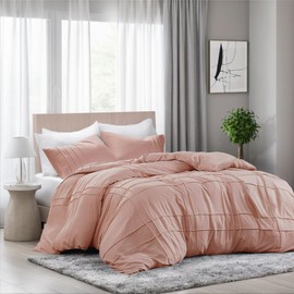 Pinch Pleat Comforter Set King – 3-Piece Bedding Set with Grid Pattern – Ultra Soft Pre-Washed Microfiber, Lightweight and Fluffy King Size Comforter Pink, All Season Warmth – Includes 2 Shams