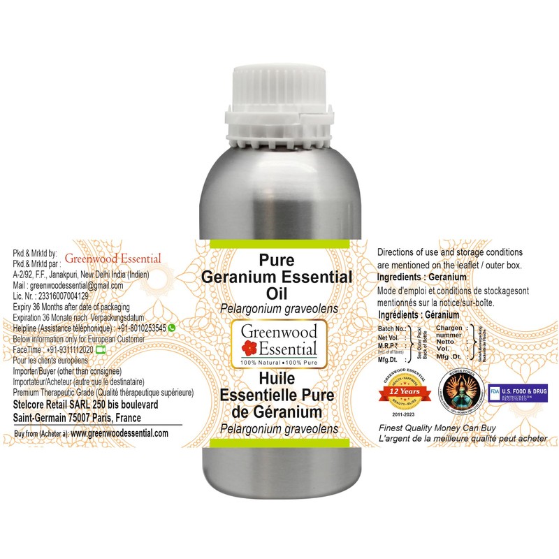 Greenwood Essential Pure Geranium Essential Oil (Pelargonium graveolens) Steam Distilled