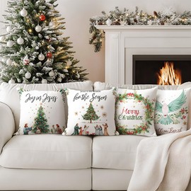 Cirzone Christmas Cushion Cover, 45 x 45 cm, Set of 4, Jesus Christmas Tree Christmas Cushion, Christmas Decor Cushion, Christmas Cushion Cover, Christmas Decoration for Home, Sofa, Bedroom