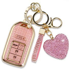 Simocky Key Fob Cover with Diamond Keychain, Car Key Shell for Women, Compatible with 2016-2022 Honda Accord Civic Pilot Ridgeline Passport Key Protector (5 Buttons-Pink Heart)