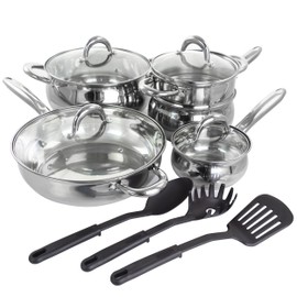 Gibson Home Ancona 12 Piece Stainless Steel Belly Shaped Cookware Set with Kitchen Tools,Silver