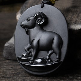 Bella Jade Chinese Zodiac Amulet/Talisman Pendant Necklace Made of Obsidian Gemstone: Horoscope Animal/Sign, Natural, Obsidian, Natural, Obsidian