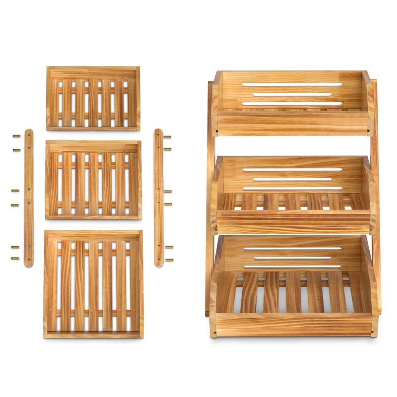 Merysen 3 Tier Wooden Fruit Basket For Kitchen, Bread Vegetable