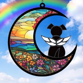 Dog Memorial Gifts for Loss of Dog-Pet Sympathy Suncatcher Black Angel Dog on Flower Moon Dog Beverage Acrylic Ornaments Decor Window Wall Gift for Dog Lover