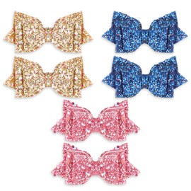 6 Pcs Glitter Hair Bows 4 Inch Boutique Hair Clips Sparkling Bling Little Bow HairPins Hair Accessories for Toddler Teens Baby Girls Kids Birthday Wedding Party Dress Decor(Pink,Blue,Yellow)